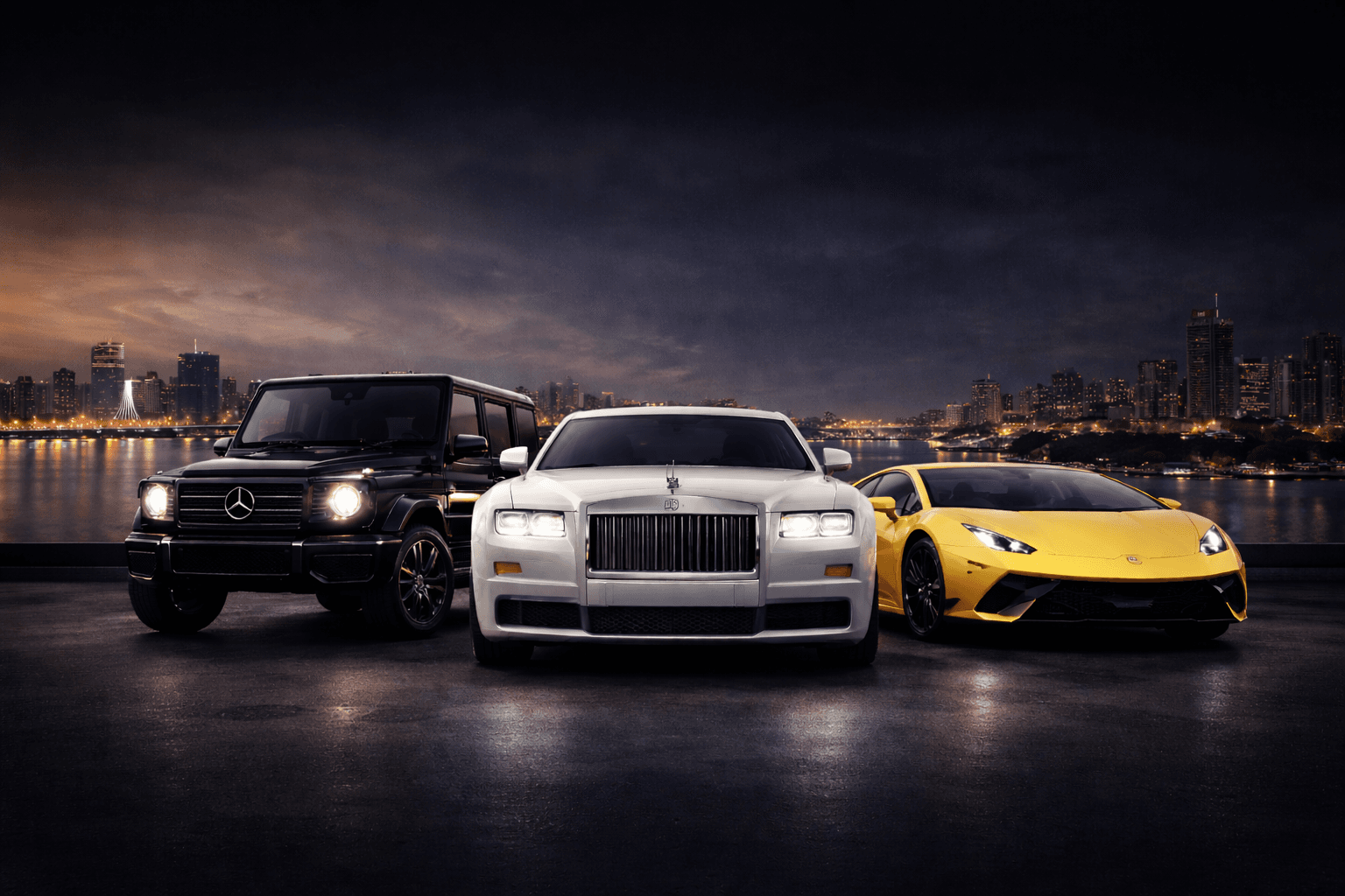 Luxury cars by the waterfront at twilight
